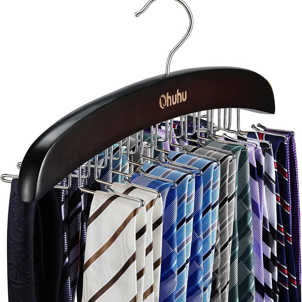 Wooden Tie Rack 24 Hooks Closet Organizer for Men
